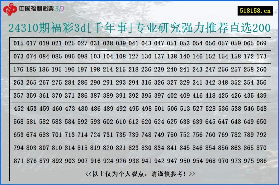 24310期福彩3d[千年事]专业研究强力推荐直选200