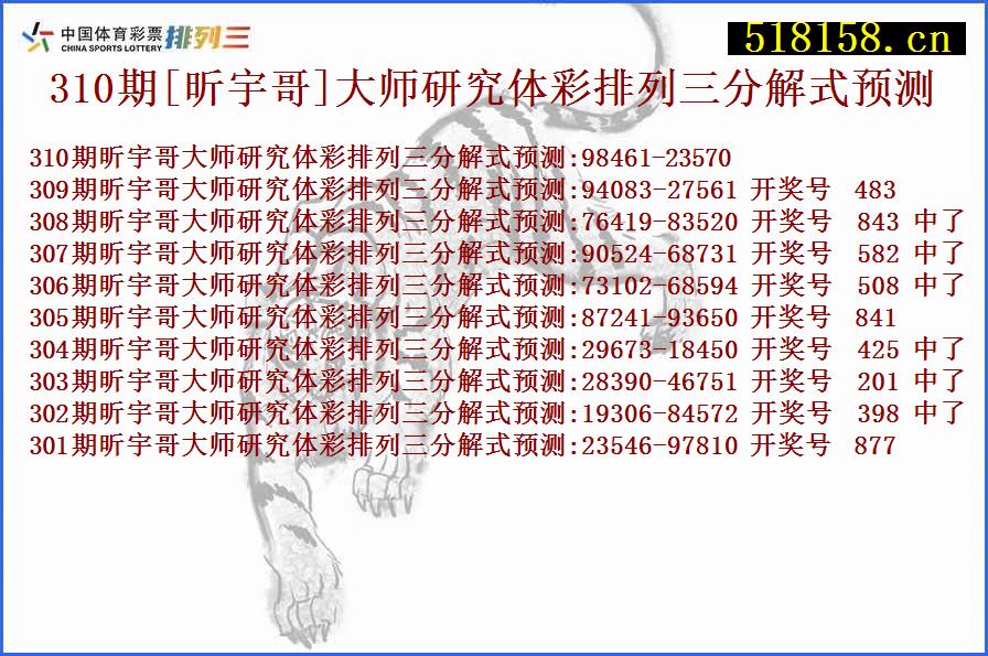 310期[昕宇哥]大师研究体彩排列三分解式预测