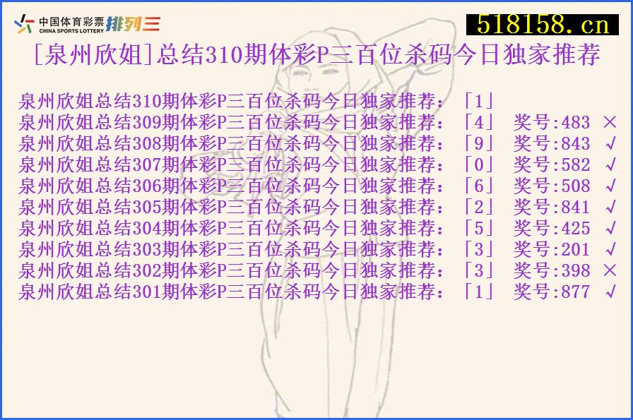 [泉州欣姐]总结310期体彩P三百位杀码今日独家推荐