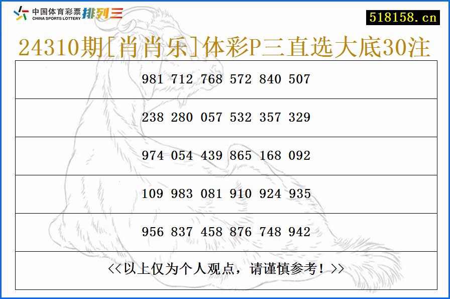 24310期[肖肖乐]体彩P三直选大底30注