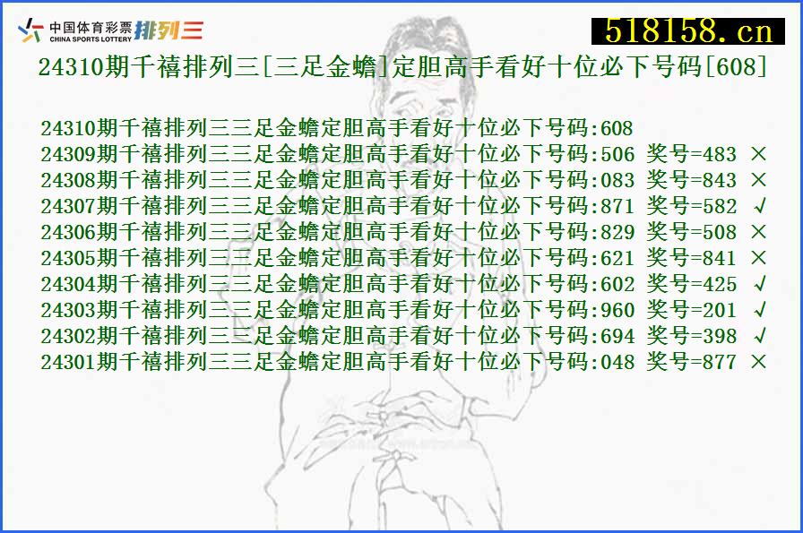 24310期千禧排列三[三足金蟾]定胆高手看好十位必下号码[608]