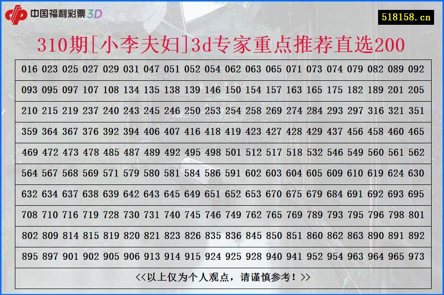 310期[小李夫妇]3d专家重点推荐直选200