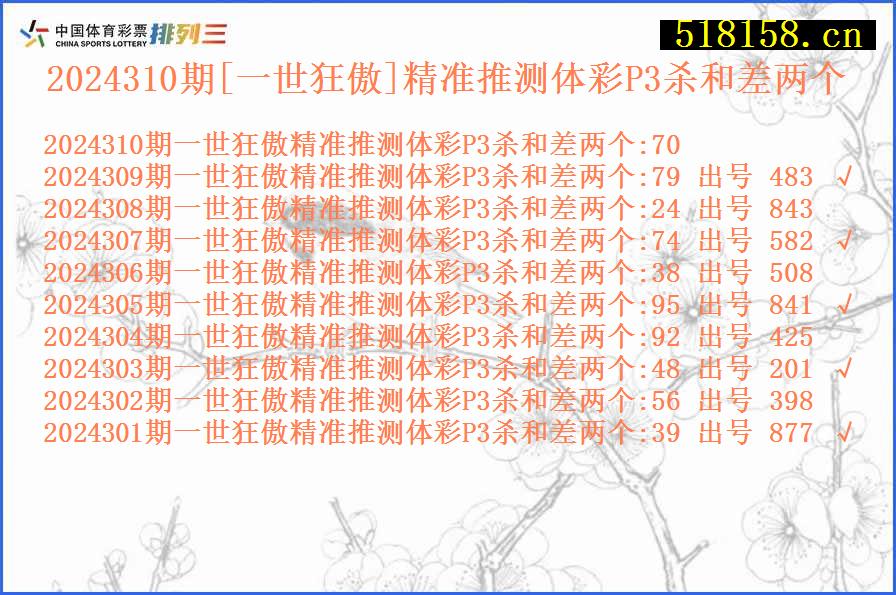 2024310期[一世狂傲]精准推测体彩P3杀和差两个