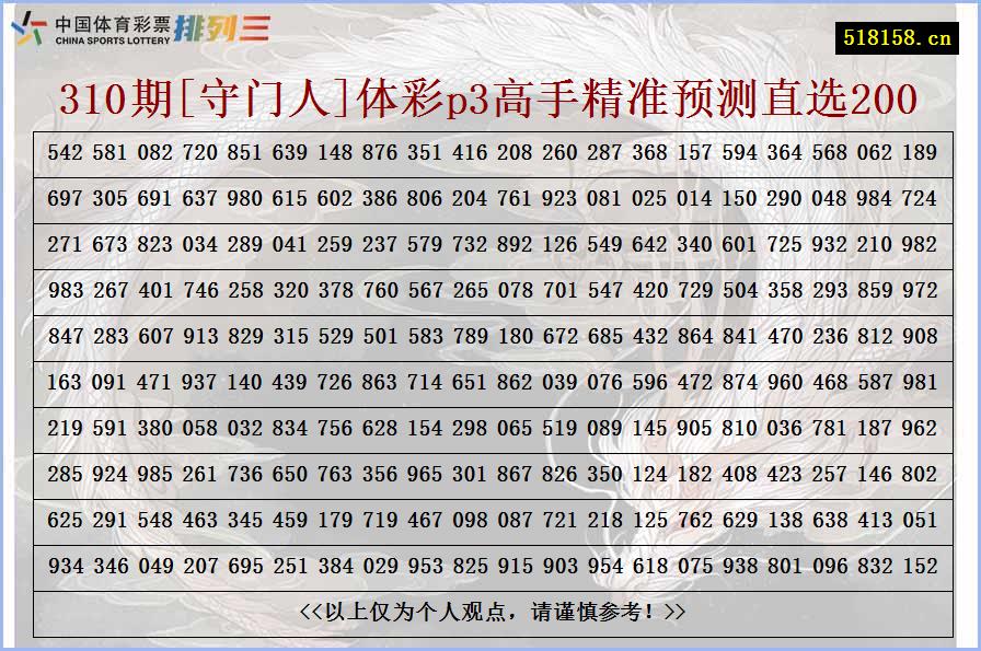 310期[守门人]体彩p3高手精准预测直选200