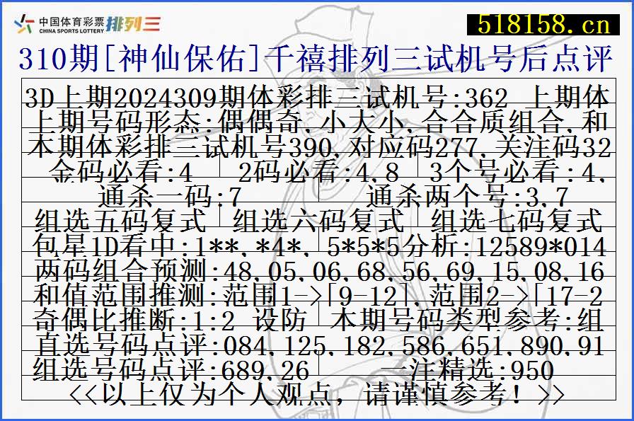 310期[神仙保佑]千禧排列三试机号后点评