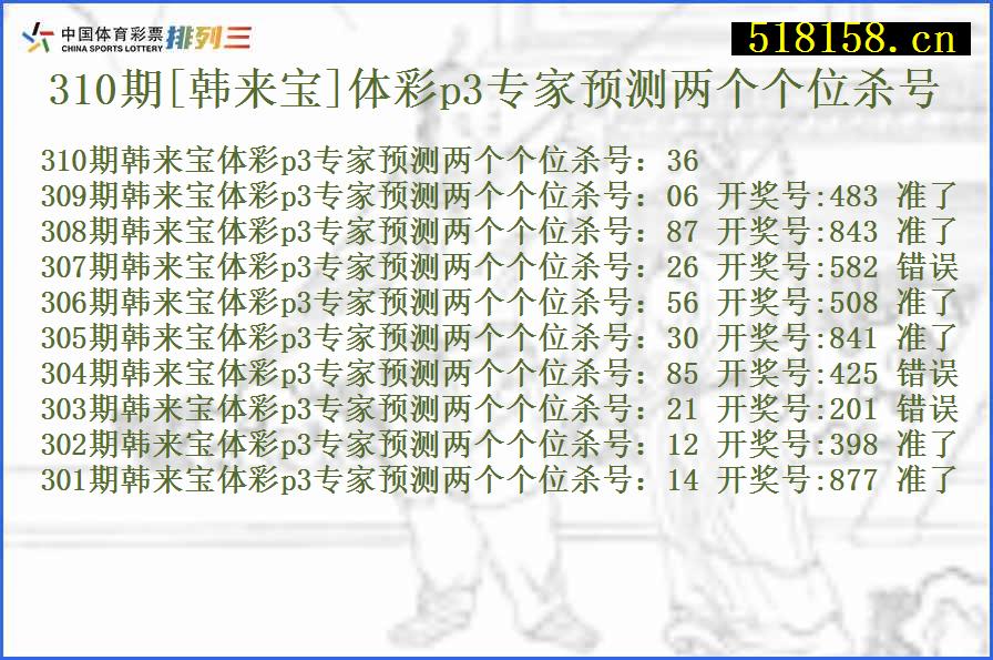 310期[韩来宝]体彩p3专家预测两个个位杀号