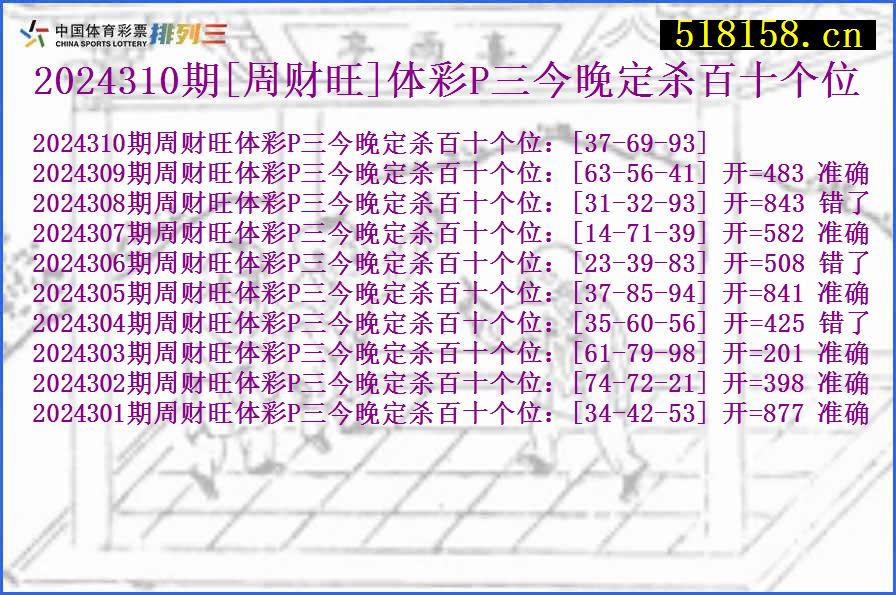 2024310期[周财旺]体彩P三今晚定杀百十个位