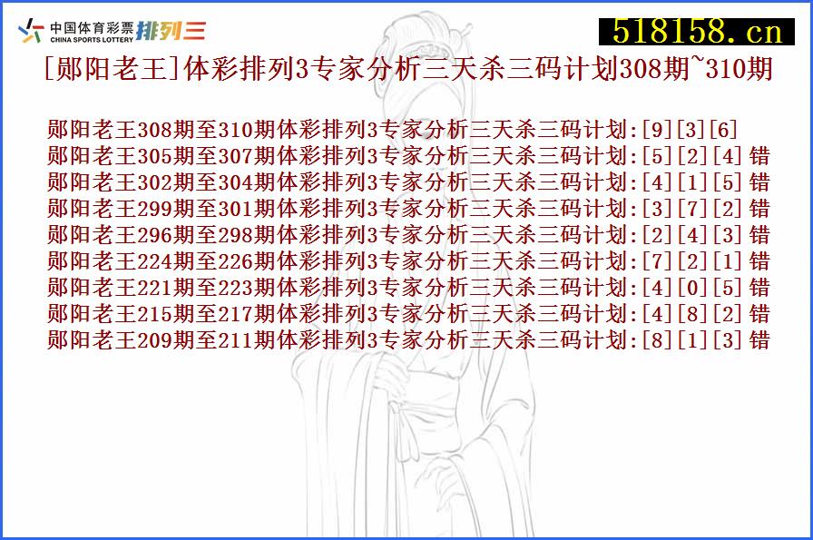 [郧阳老王]体彩排列3专家分析三天杀三码计划308期~310期