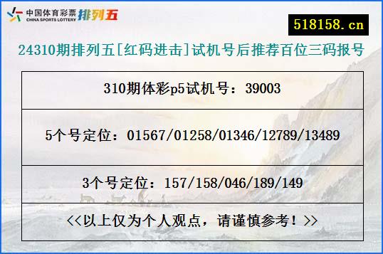 24310期排列五[红码进击]试机号后推荐百位三码报号