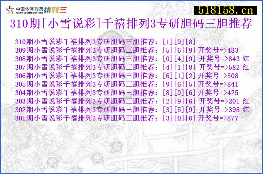 310期[小雪说彩]千禧排列3专研胆码三胆推荐