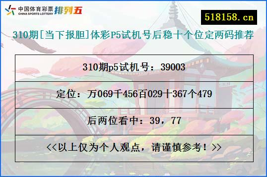 310期[当下报胆]体彩P5试机号后稳十个位定两码推荐