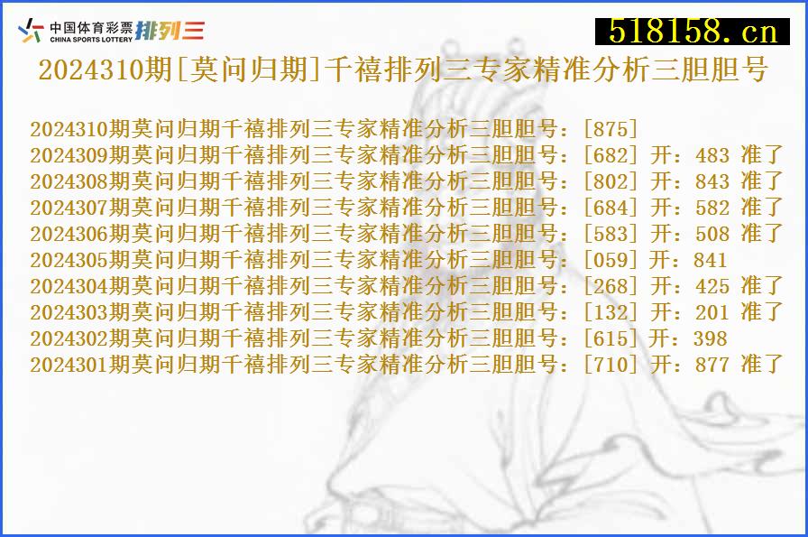 2024310期[莫问归期]千禧排列三专家精准分析三胆胆号