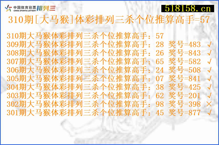 310期[大马猴]体彩排列三杀个位推算高手=57