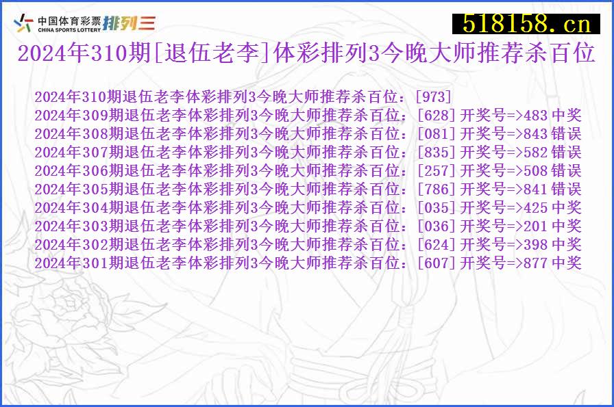 2024年310期[退伍老李]体彩排列3今晚大师推荐杀百位