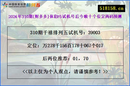 2024年310期[财多多]体彩P5试机号后今晚十个位定两码预测