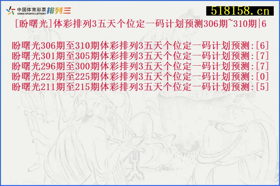 [盼曙光]体彩排列3五天个位定一码计划预测306期~310期|6