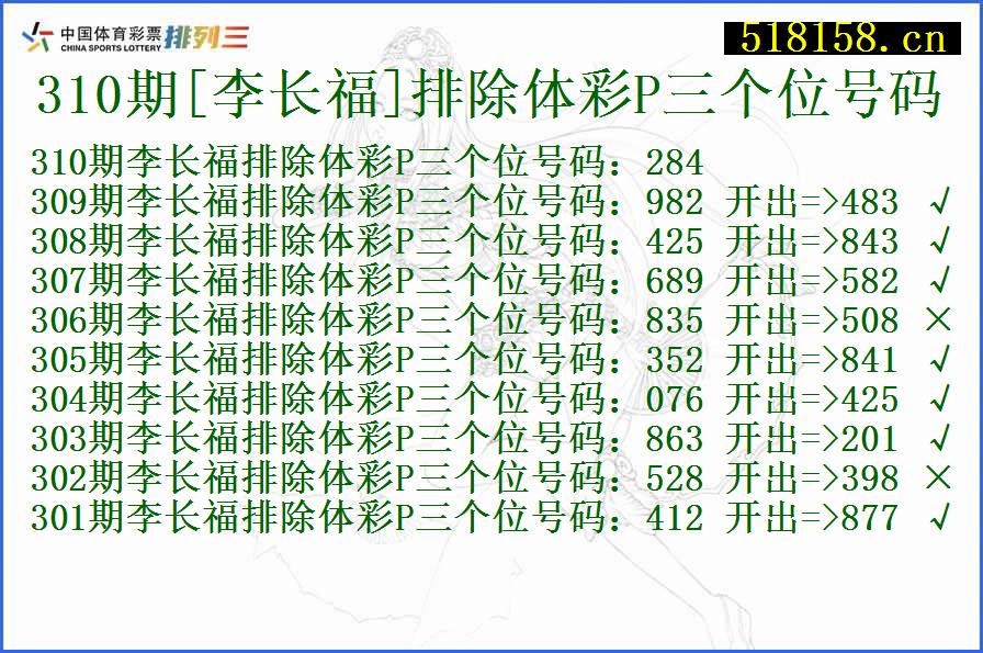 310期[李长福]排除体彩P三个位号码