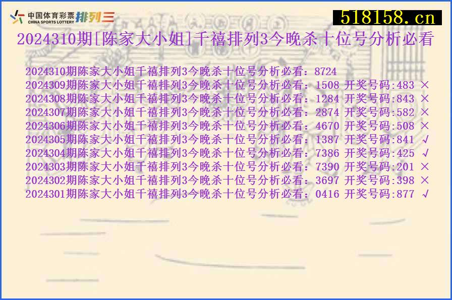 2024310期[陈家大小姐]千禧排列3今晚杀十位号分析必看