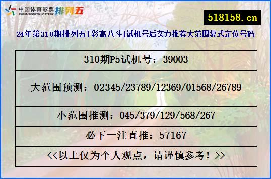 24年第310期排列五[彩高八斗]试机号后实力推荐大范围复式定位号码