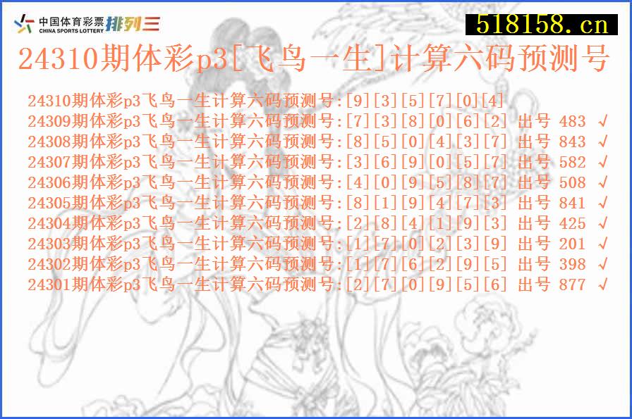 24310期体彩p3[飞鸟一生]计算六码预测号