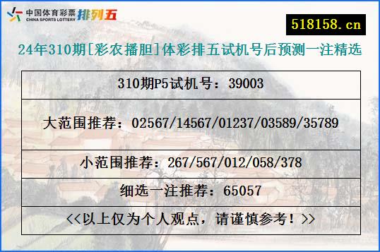 24年310期[彩农播胆]体彩排五试机号后预测一注精选