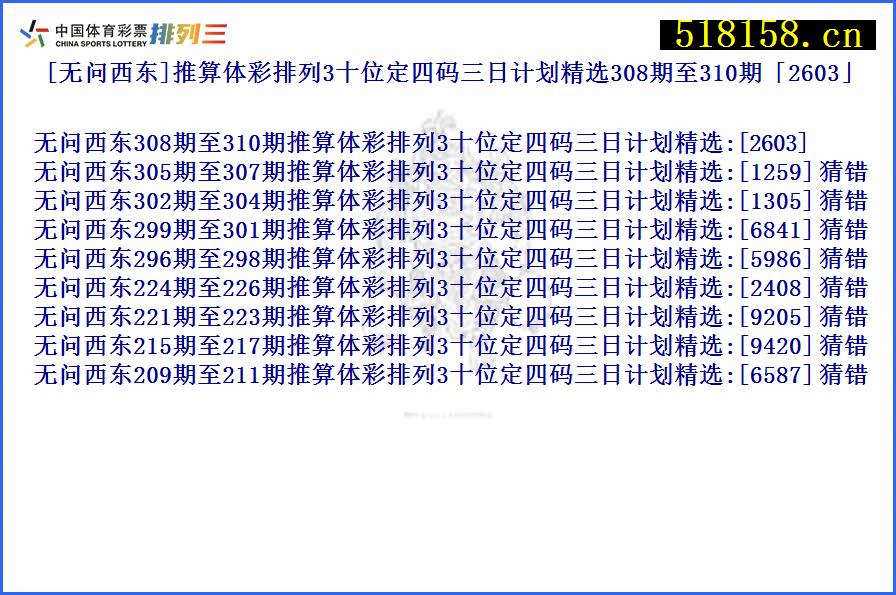 [无问西东]推算体彩排列3十位定四码三日计划精选308期至310期「2603」