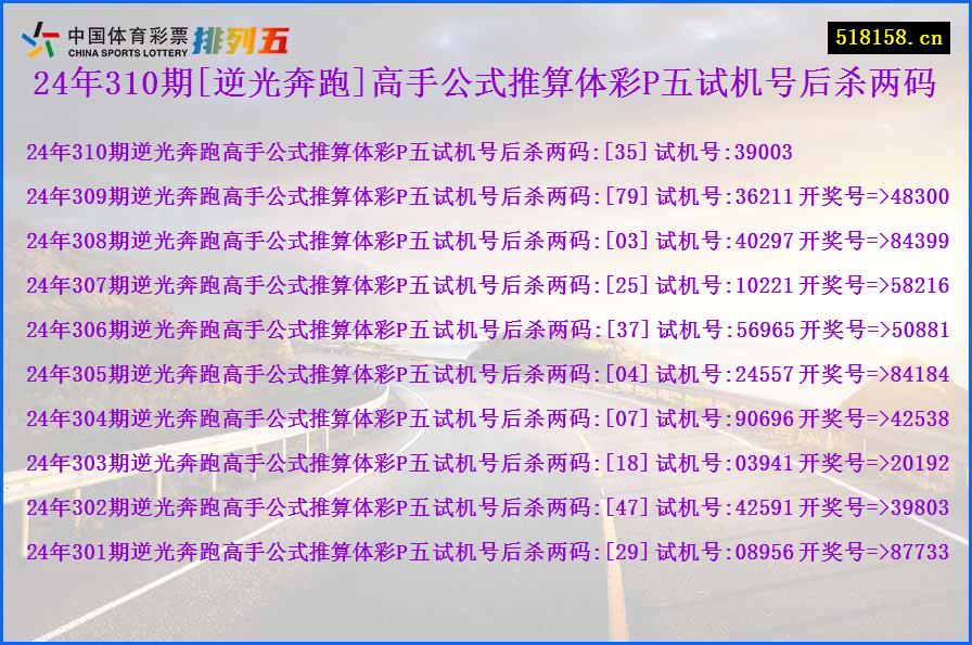 24年310期[逆光奔跑]高手公式推算体彩P五试机号后杀两码