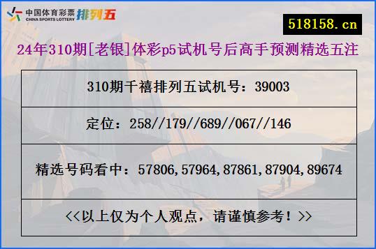 24年310期[老银]体彩p5试机号后高手预测精选五注