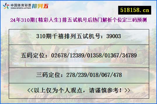 24年310期[精彩人生]排五试机号后热门解析个位定三码预测