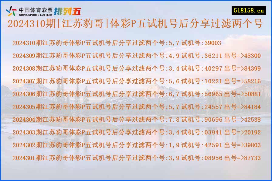 2024310期[江苏豹哥]体彩P五试机号后分享过滤两个号