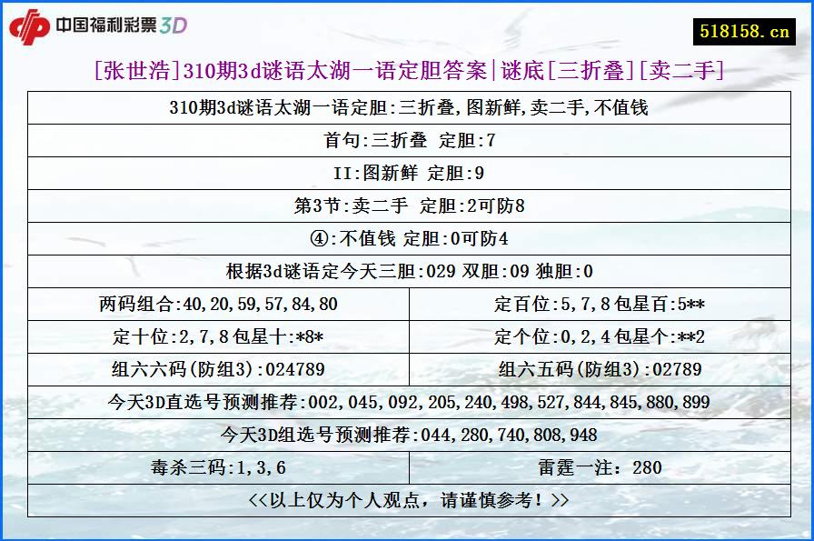 [张世浩]310期3d谜语太湖一语定胆答案|谜底[三折叠][卖二手]