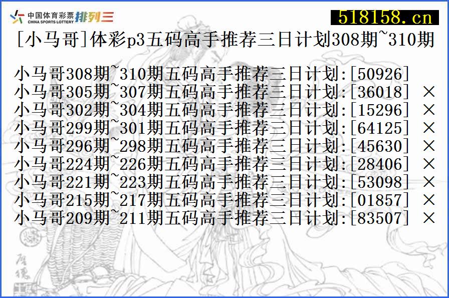 [小马哥]体彩p3五码高手推荐三日计划308期~310期