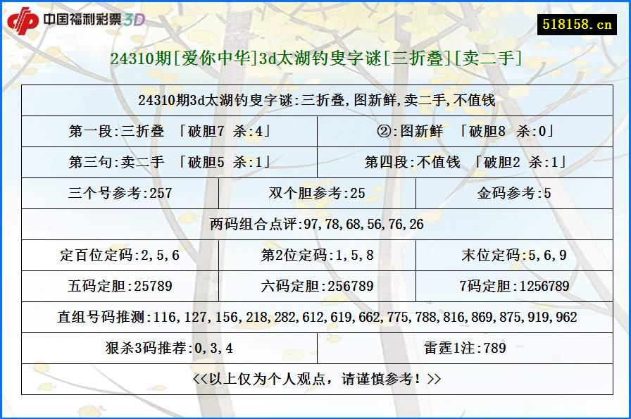 24310期[爱你中华]3d太湖钓叟字谜[三折叠][卖二手]