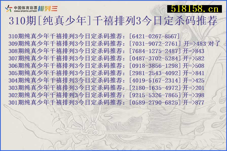 310期[纯真少年]千禧排列3今日定杀码推荐