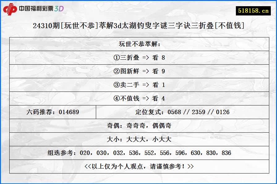 24310期[玩世不恭]萃解3d太湖钓叟字谜三字诀三折叠[不值钱]