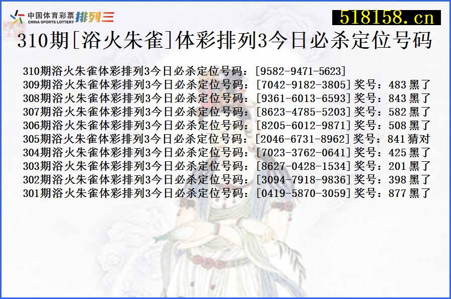 310期[浴火朱雀]体彩排列3今日必杀定位号码