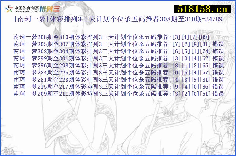 [南珂一梦]体彩排列3三天计划个位杀五码推荐308期至310期=34789