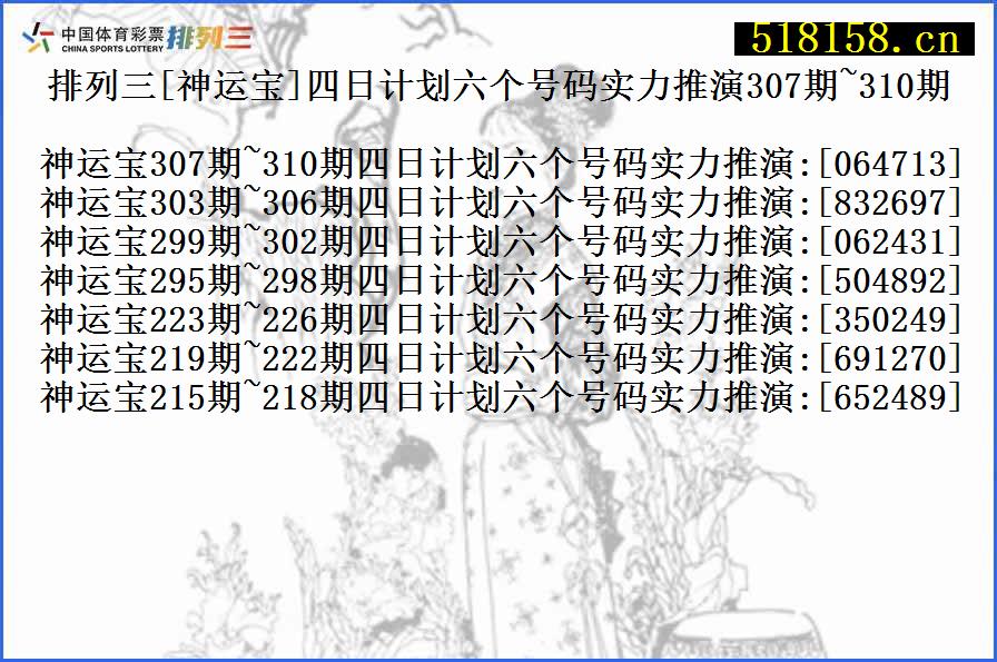 排列三[神运宝]四日计划六个号码实力推演307期~310期