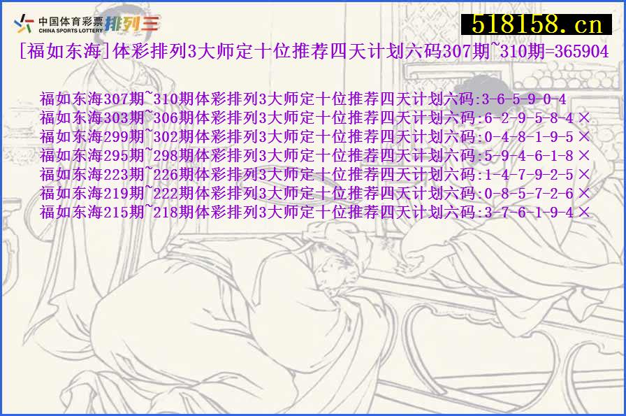 [福如东海]体彩排列3大师定十位推荐四天计划六码307期~310期=365904