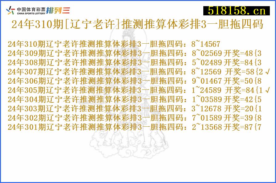 24年310期[辽宁老许]推测推算体彩排3一胆拖四码