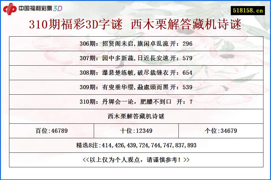 310期福彩3D字谜 西木栗解答藏机诗谜