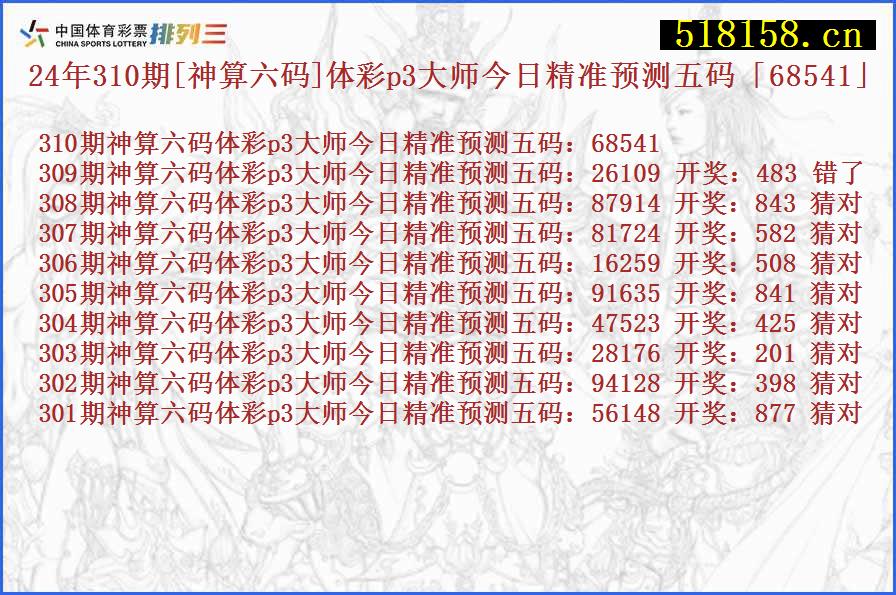 24年310期[神算六码]体彩p3大师今日精准预测五码「68541」