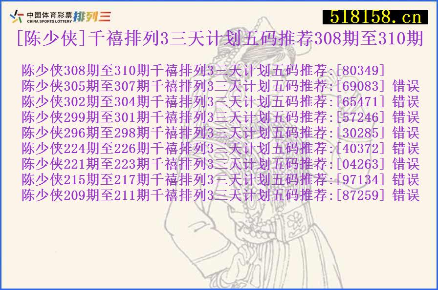 [陈少侠]千禧排列3三天计划五码推荐308期至310期