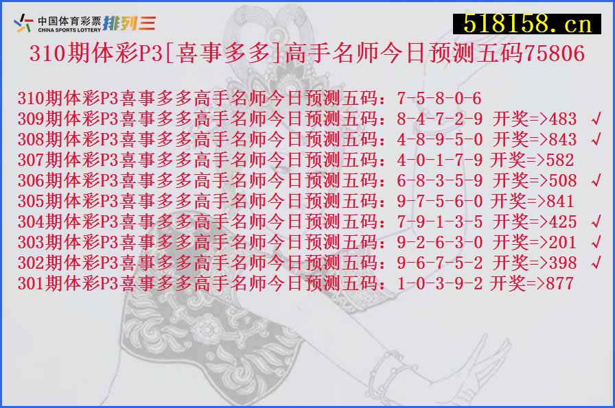 310期体彩P3[喜事多多]高手名师今日预测五码75806