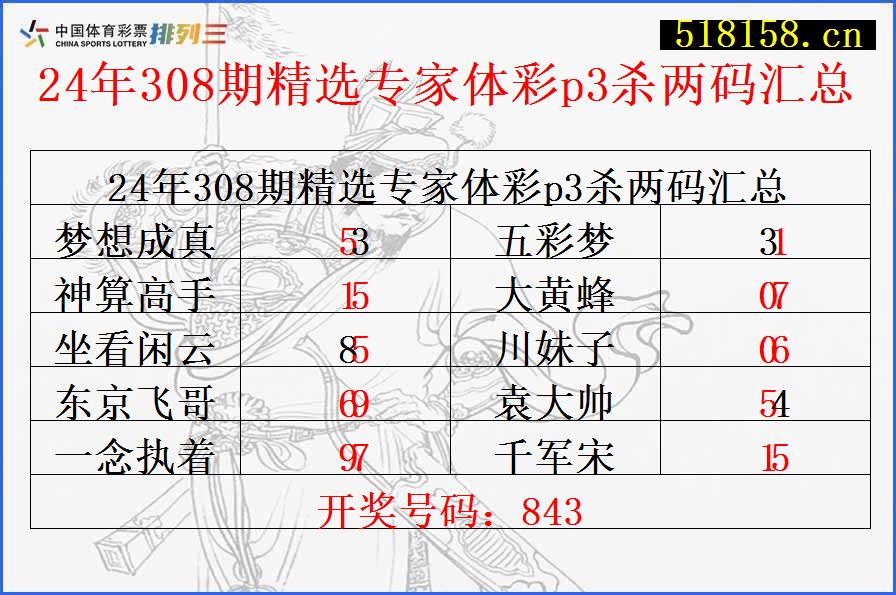 24年308期精选专家体彩p3杀两码汇总