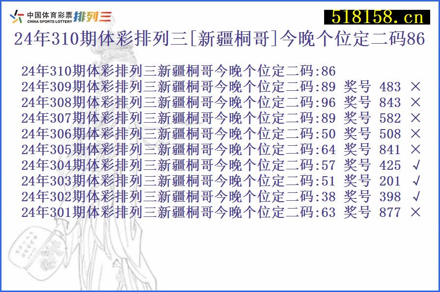 24年310期体彩排列三[新疆桐哥]今晚个位定二码86