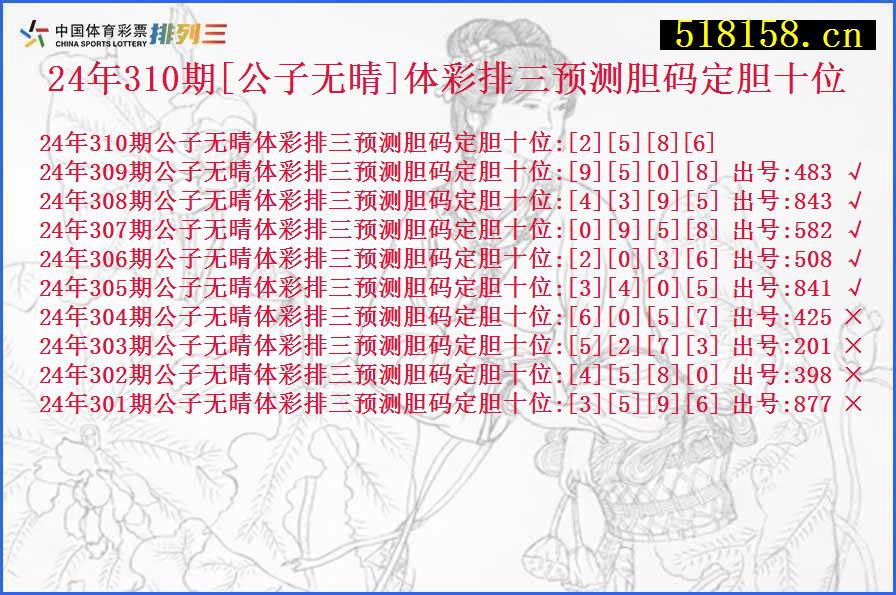 24年310期[公子无晴]体彩排三预测胆码定胆十位