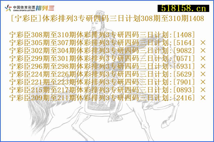 [宁彩臣]体彩排列3专研四码三日计划308期至310期1408