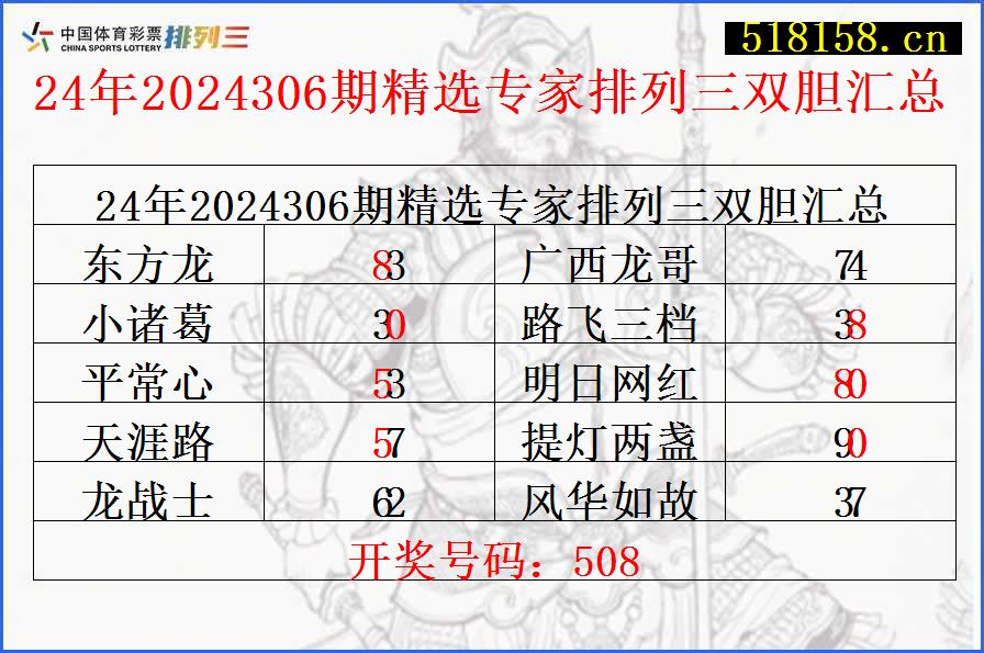 24年2024306期精选专家排列三双胆汇总