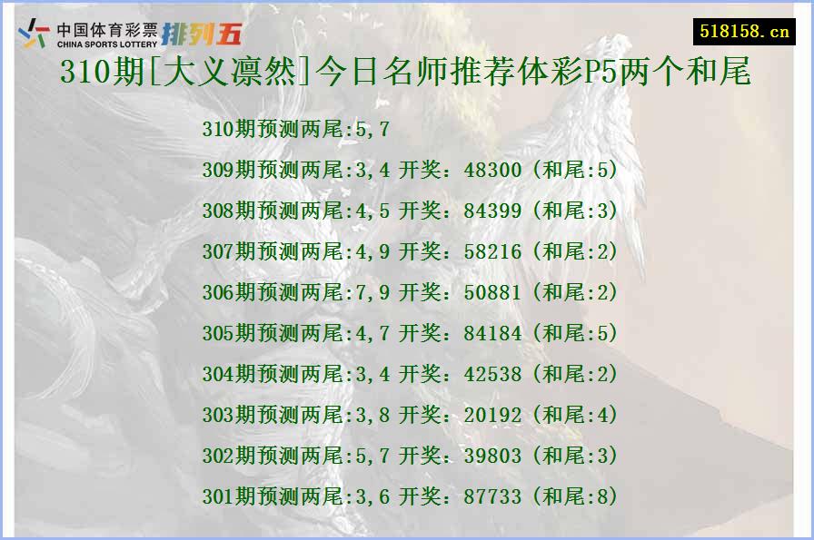 310期[大义凛然]今日名师推荐体彩P5两个和尾